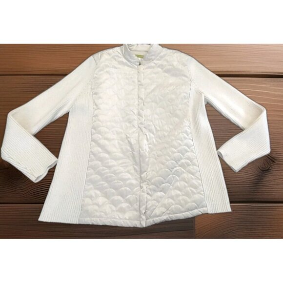 Sigrid Olsen Women Jacket XL Ivory Knit Sleeves High Neck Puffer Zips Pockets - Picture 1 of 14